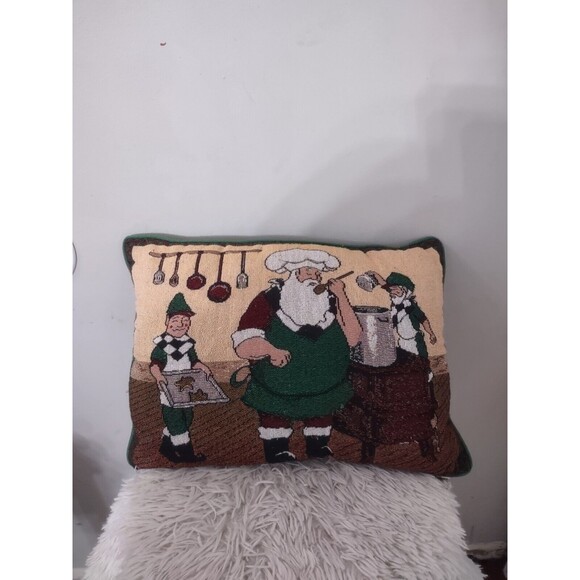 Christmas Tapestry Pillows Cushions Santa w/elves   Set Of 2 - Picture 2 of 8